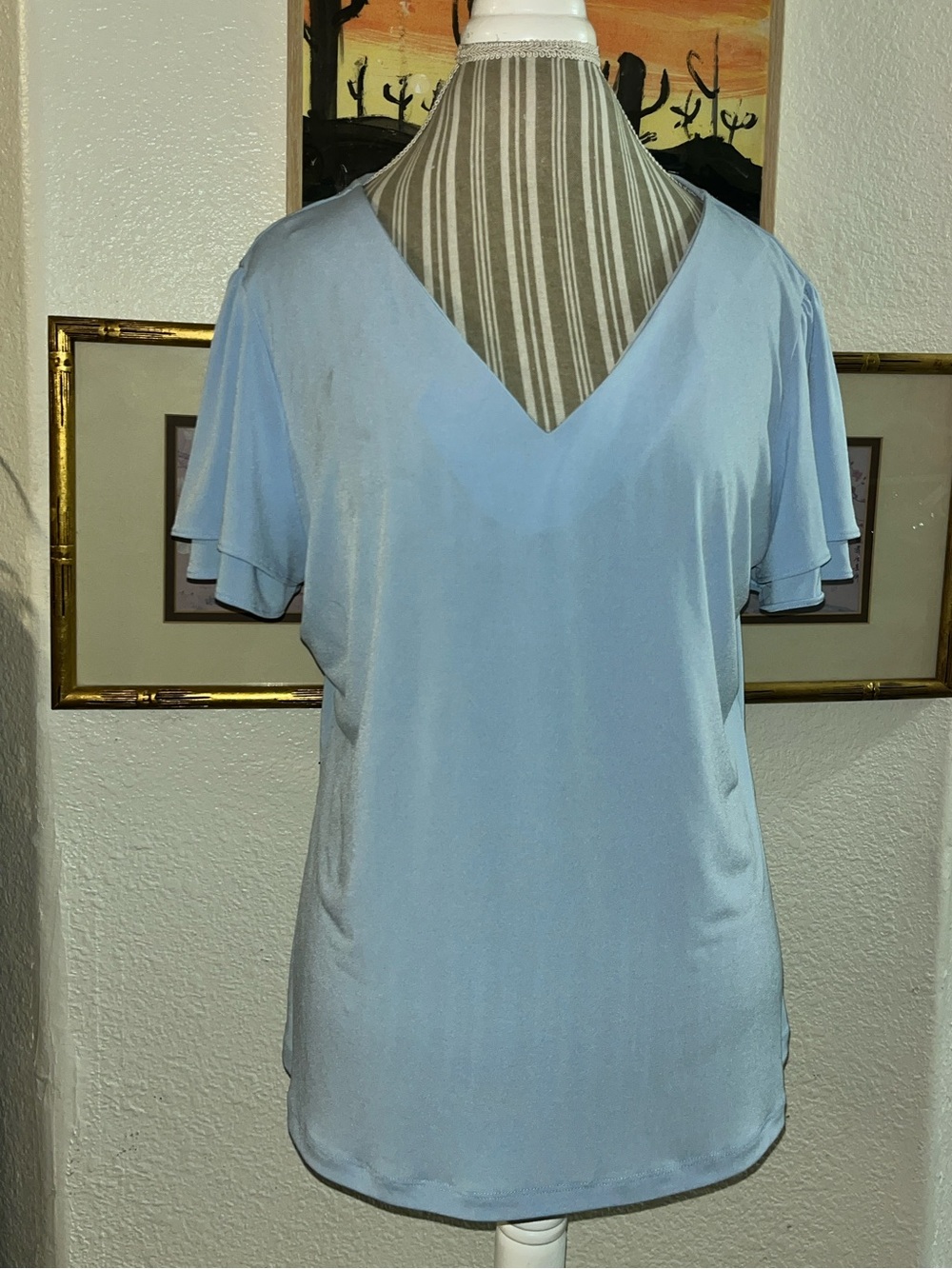 Calvin Klein Soft Sky Blue V-Neck Flutter Sleeve Blouse